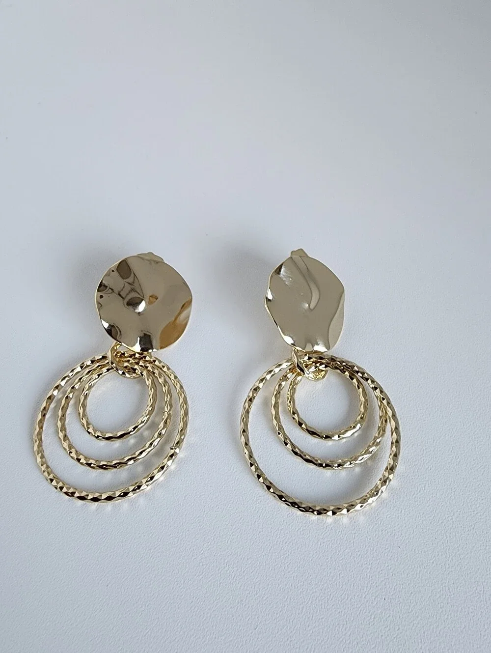 Gold Tone Triple Circle Dangle Earrings Textured Hoop Statement Earrings